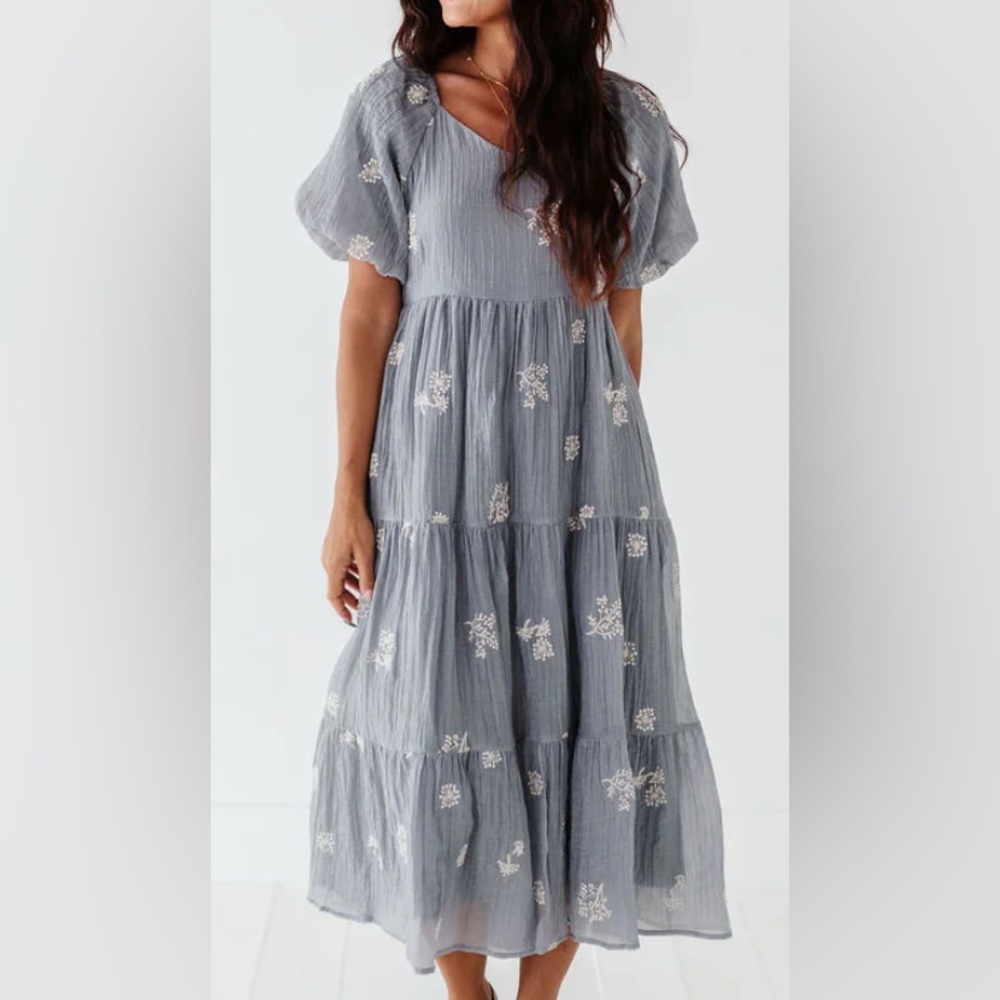 Blue and White Tiered Maxi Sundress with Puff Sleeves